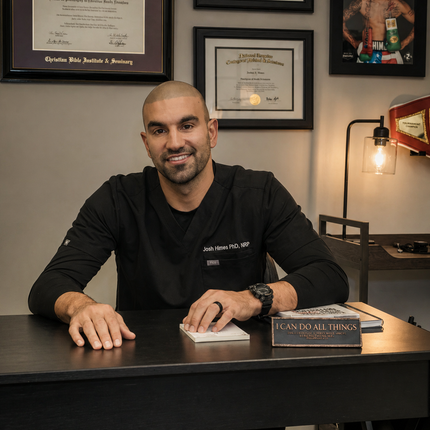 Man sitting at a desk with books and certificates in the background