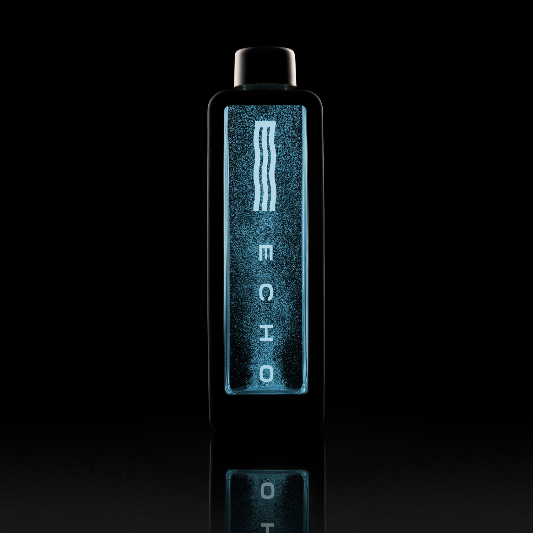 Blue bottle with 'ECHO' branding on a black background