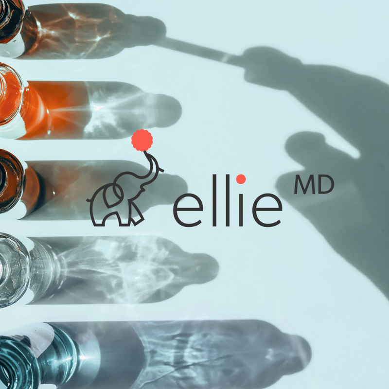 Dropper bottles with 'ellie MD' logo featuring an elephant silhouette.