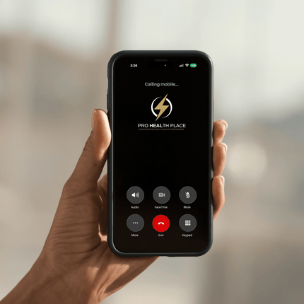 Hand holding a smartphone with Pro Health Place app on a blurred background