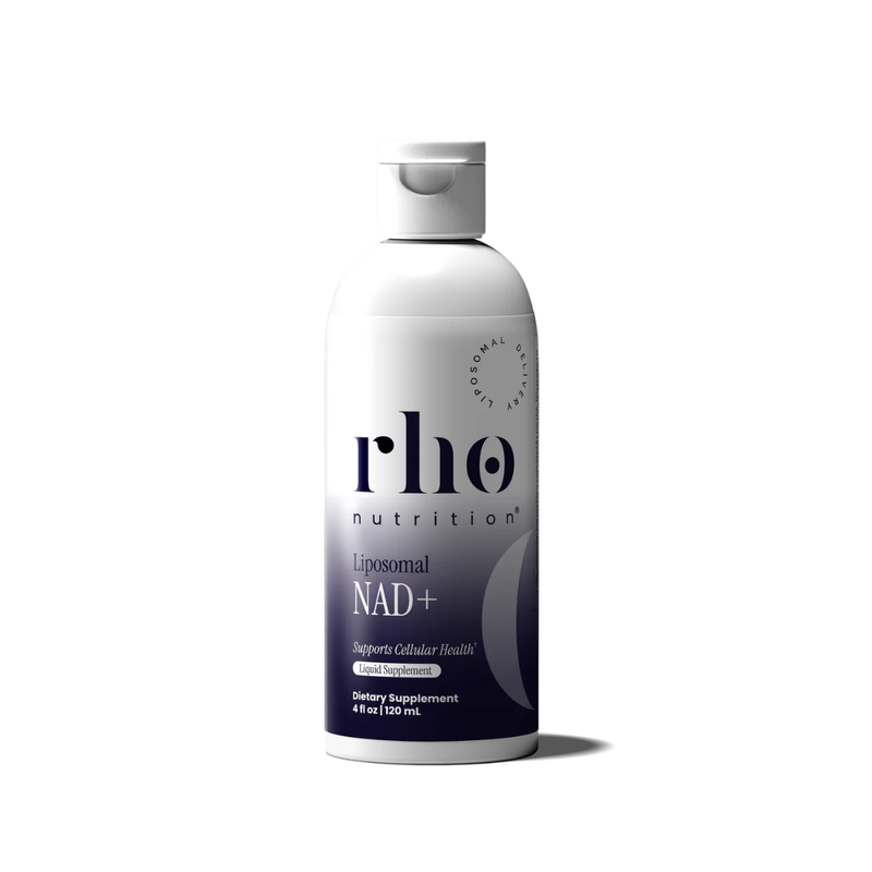 rho nutrition liposomal NAD+ supplement bottle on a white background