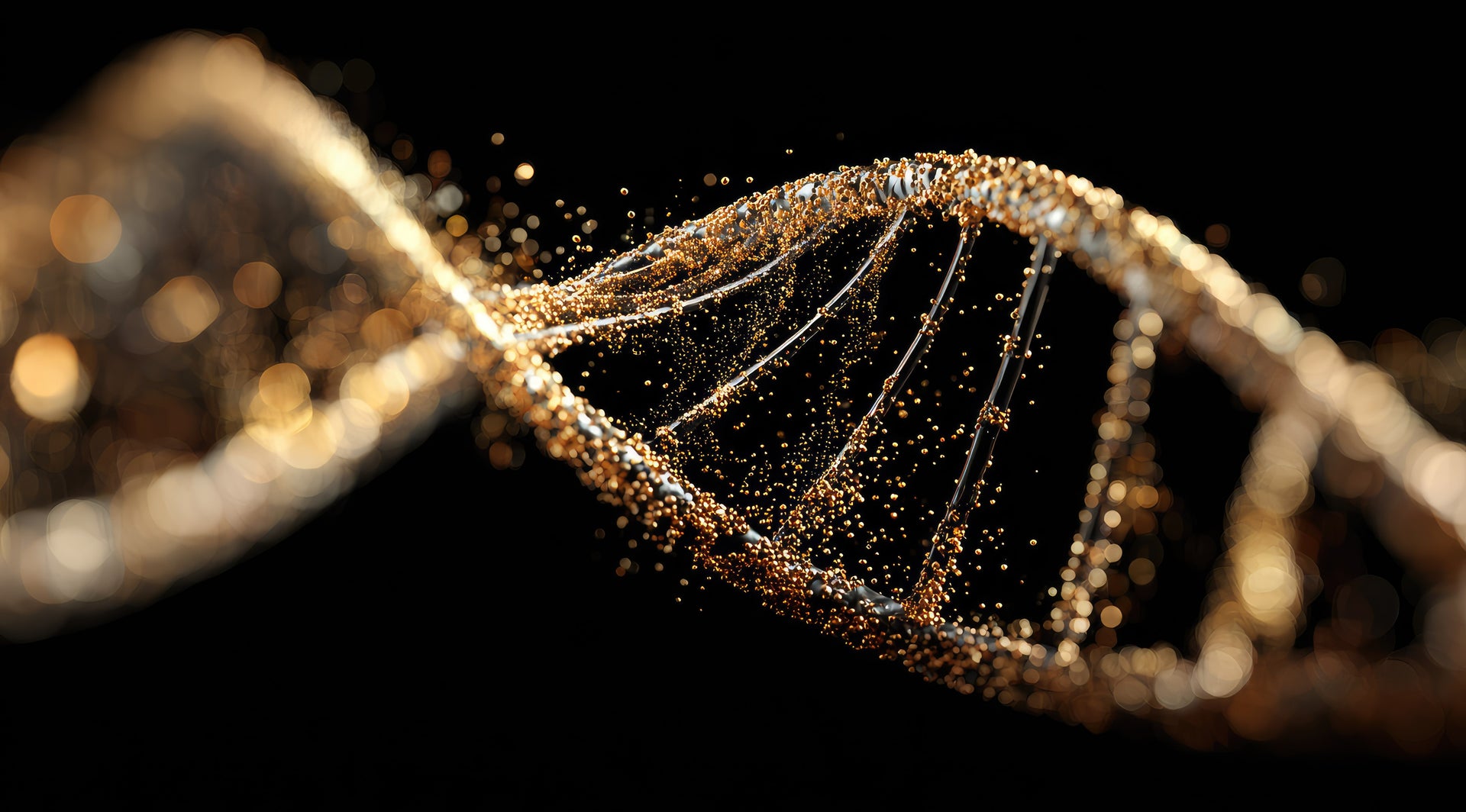 Detailed view of a DNA double helix with a dark background
