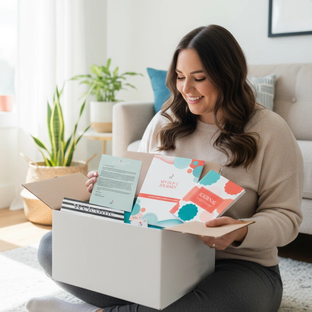 Woman sitting on a couch in a living room, opening a box with colorful cards and a laptop.